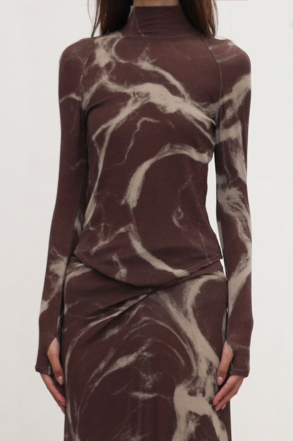 OUDE WAAG 25 Autumn and Winter Raglan Sleeve Ribbed Top OW-OW-25AW-TP07-ZHYH Brown and Gray Print